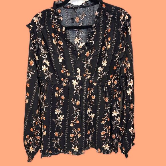 Doe & Rae Black Floral Blouse - Size Large - Picture 1 of 5